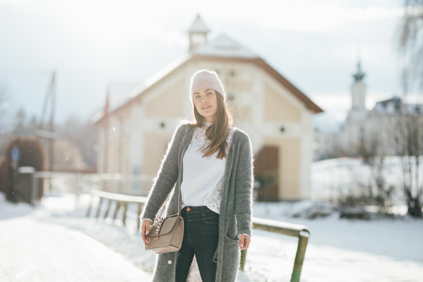 OUTFIT: Let it snow! | Sandro Lace Blouse, Valentino Rockstud Lockbag, Grey Cardigan, Rosé Beanie, Isabel Marant Nowles Boots | You rock my life