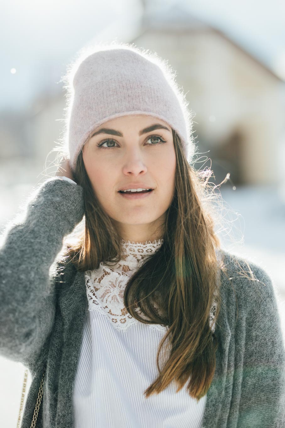 OUTFIT: Let it snow! | Sandro Lace Blouse, Valentino Rockstud Lockbag, Grey Cardigan, Rosé Beanie, Isabel Marant Nowles Boots | You rock my life