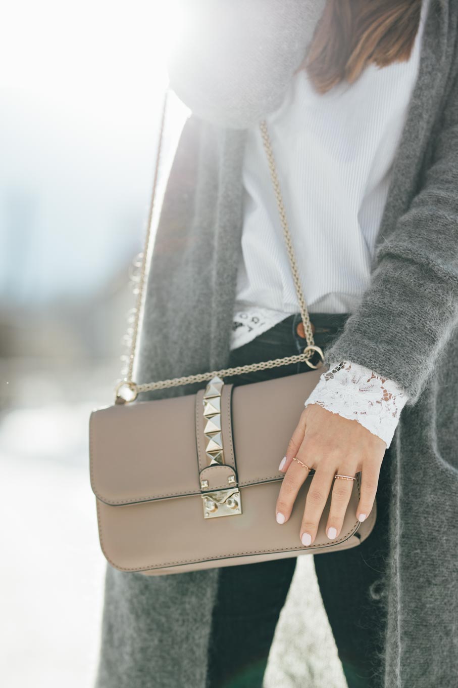 OUTFIT: Let it snow! | Sandro Lace Blouse, Valentino Rockstud Lockbag, Grey Cardigan, Rosé Beanie, Isabel Marant Nowles Boots | You rock my life