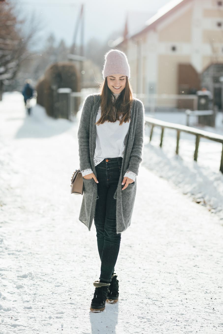 OUTFIT: Let it snow! | Sandro Lace Blouse, Valentino Rockstud Lockbag, Grey Cardigan, Rosé Beanie, Isabel Marant Nowles Boots | You rock my life