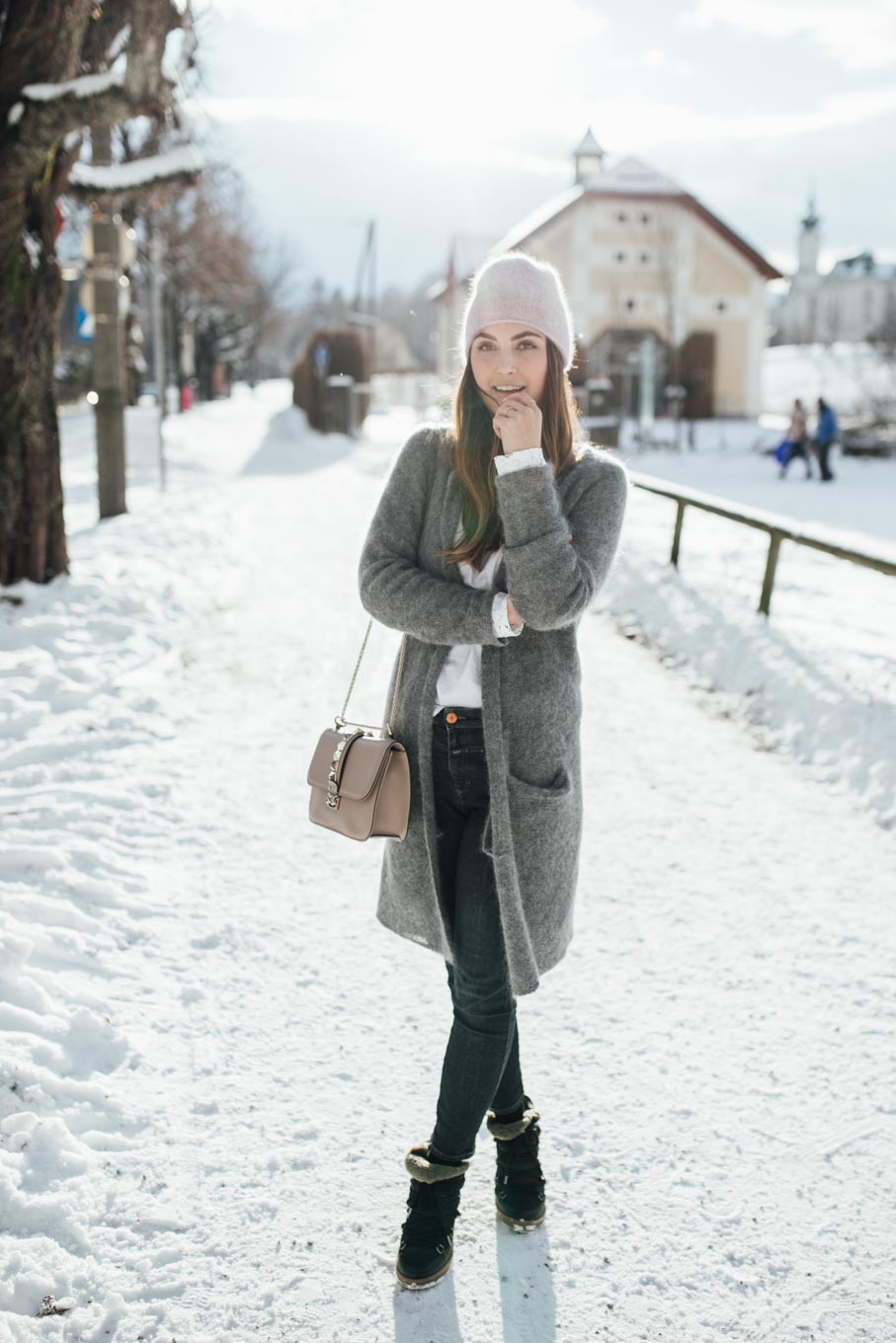 OUTFIT: Let it snow! | Sandro Lace Blouse, Valentino Rockstud Lockbag, Grey Cardigan, Rosé Beanie, Isabel Marant Nowles Boots | You rock my life