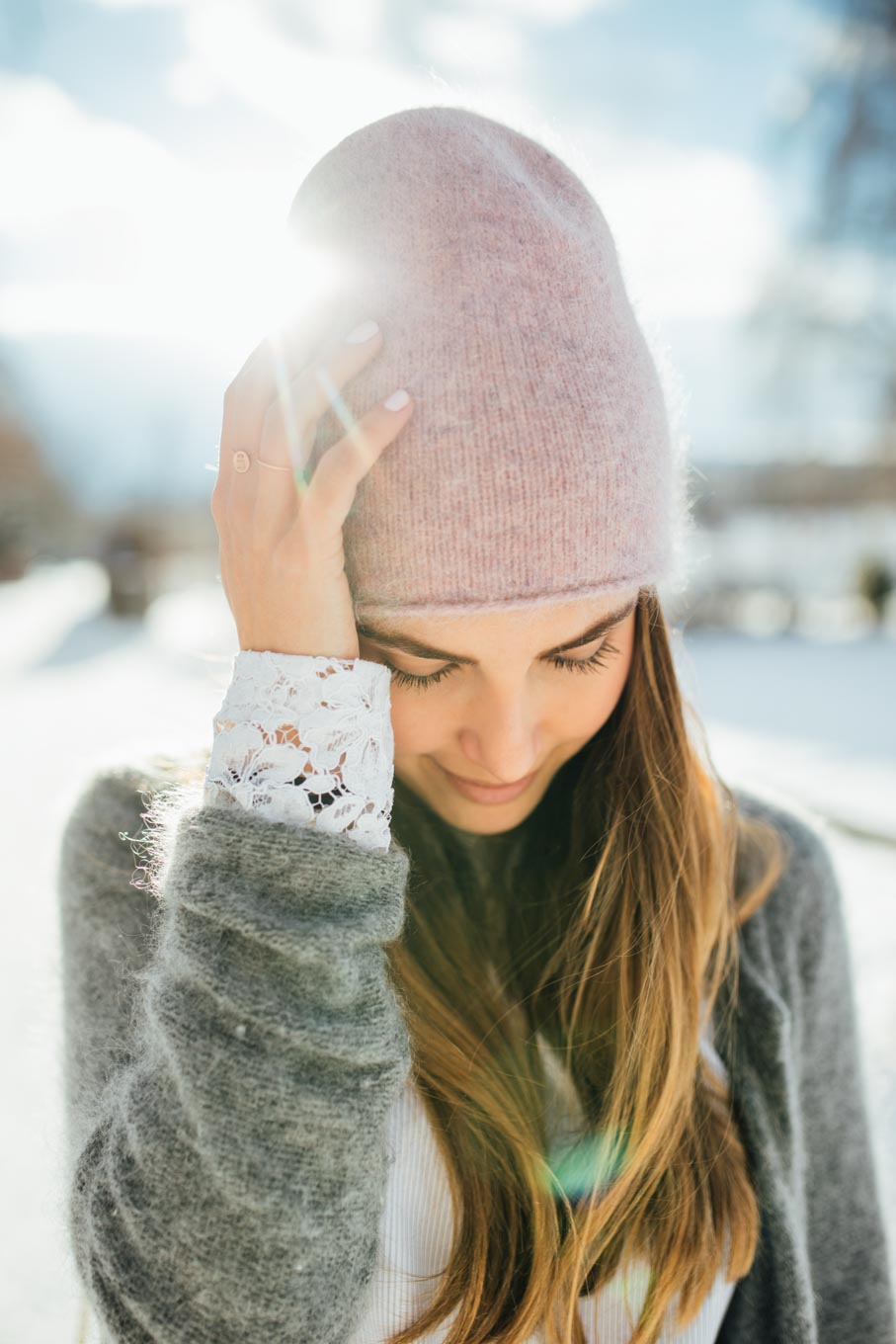 OUTFIT: Let it snow! | Sandro Lace Blouse, Valentino Rockstud Lockbag, Grey Cardigan, Rosé Beanie, Isabel Marant Nowles Boots | You rock my life