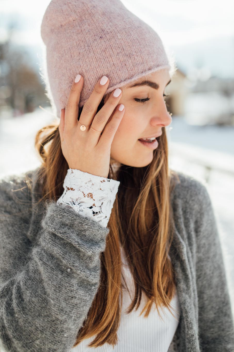 OUTFIT: Let it snow! | Sandro Lace Blouse, Valentino Rockstud Lockbag, Grey Cardigan, Rosé Beanie, Isabel Marant Nowles Boots | You rock my life