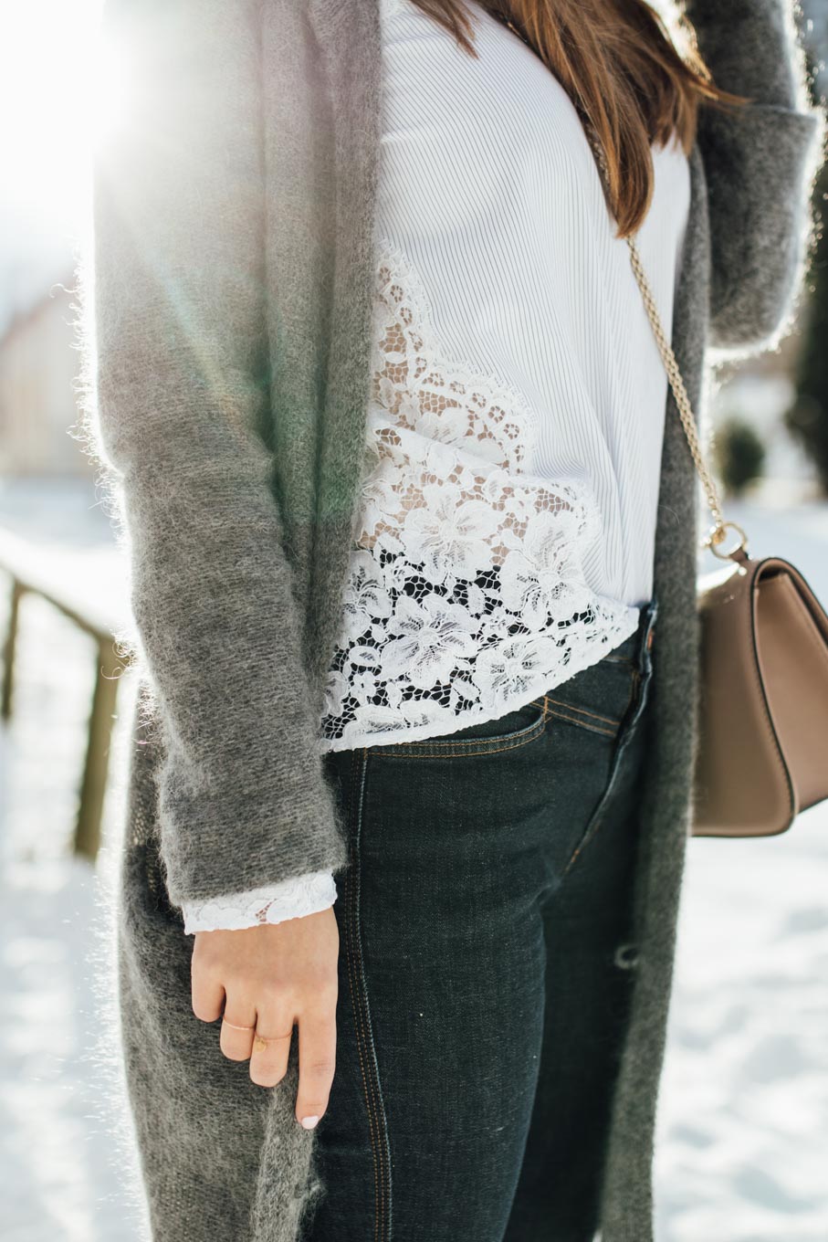 OUTFIT: Let it snow! | Sandro Lace Blouse, Valentino Rockstud Lockbag, Grey Cardigan, Rosé Beanie, Isabel Marant Nowles Boots | You rock my life