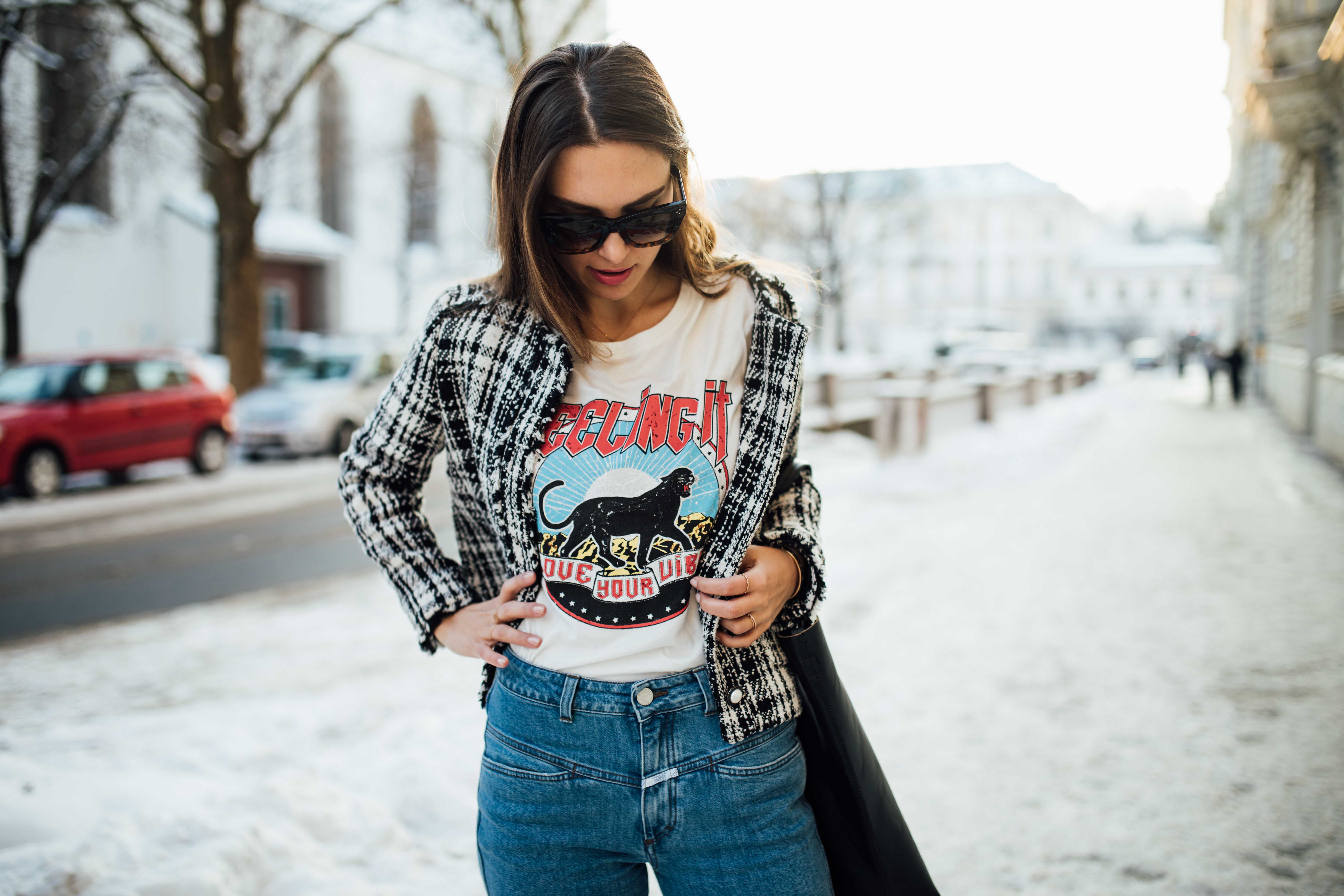 OUTFIT: Marc O'Polo 50'Bag, Céline Catherine Sunglasses, Closed Jeans, Zara Blazer, H&M Band T-Shirt | You rock my life by Nina Wro