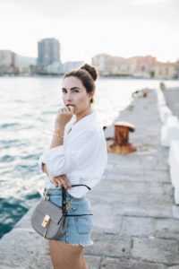 denim shorts and shirt outfit