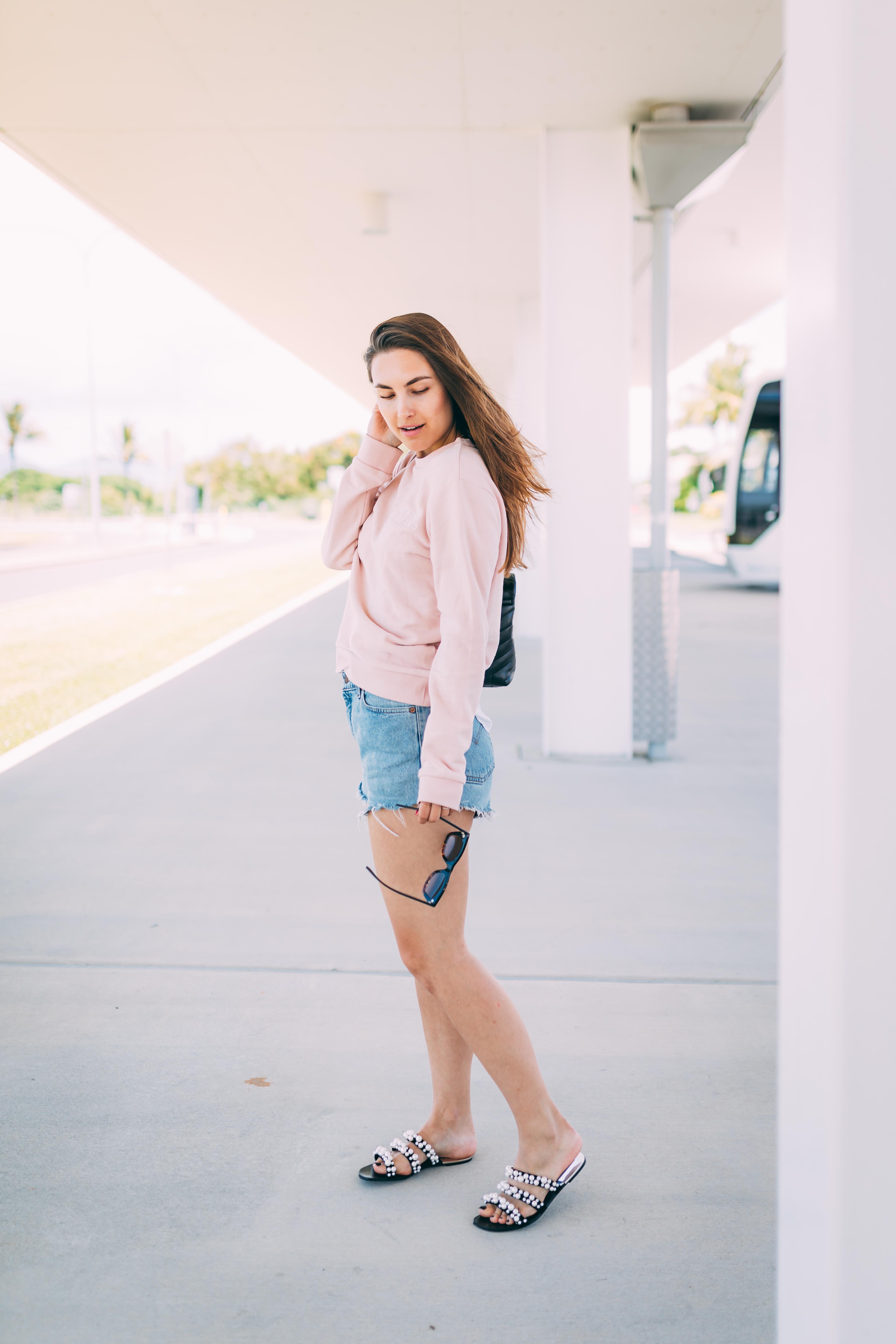 Outfit: Airport Attire | Levi's vintage denim shorts, sweater, Saint Laurent bag, Australia | You Rock My Life