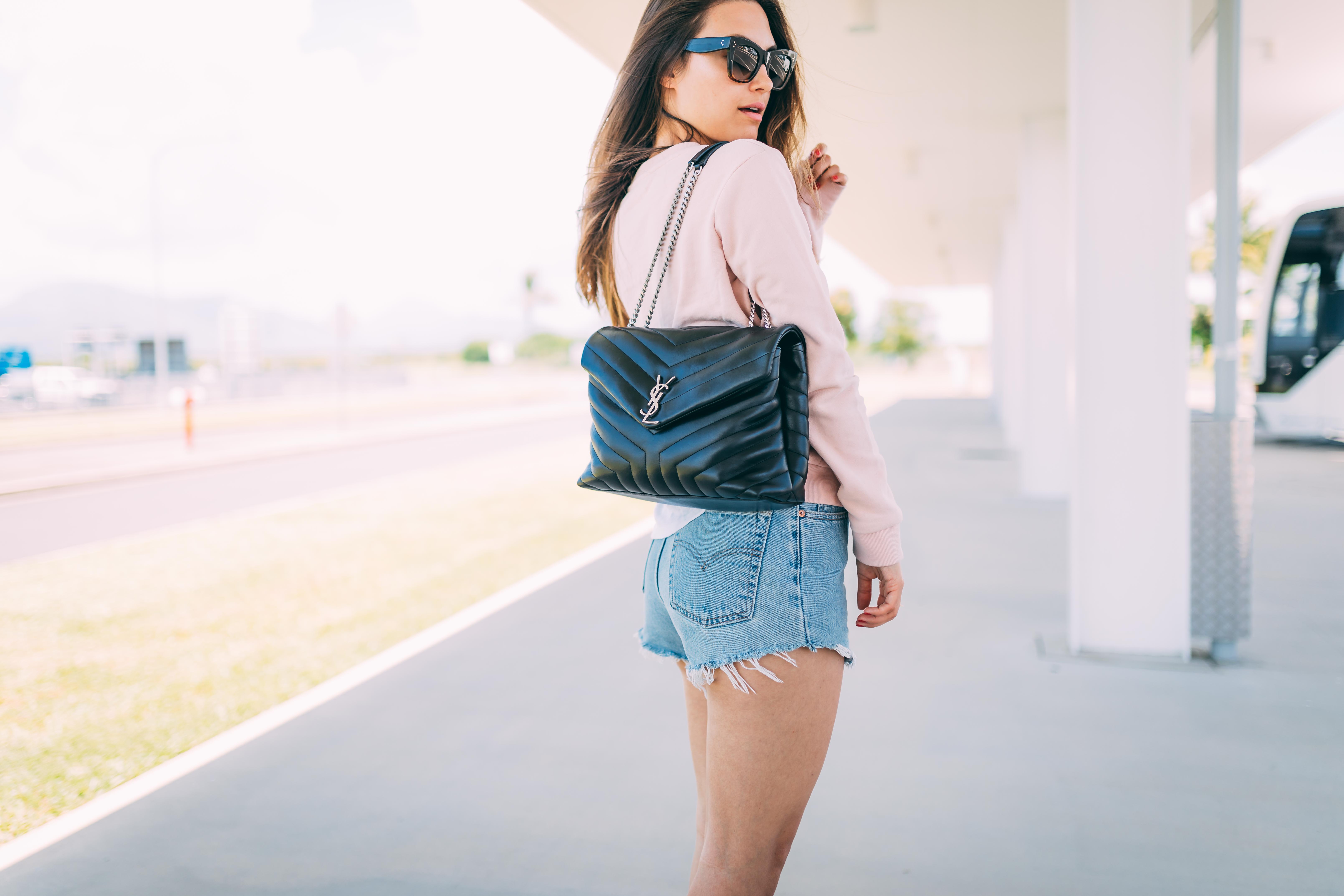 Outfit: Airport Attire | Levi's vintage denim shorts, sweater, Saint Laurent bag, Australia | You Rock My Life