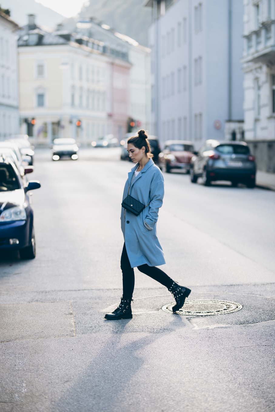 Outfit: Baby Blue | Chanel WOC, Jake*s Coat Peek & Cloppenburg, Zara Biker Boots, Closed Velvet Pants | you rock my life