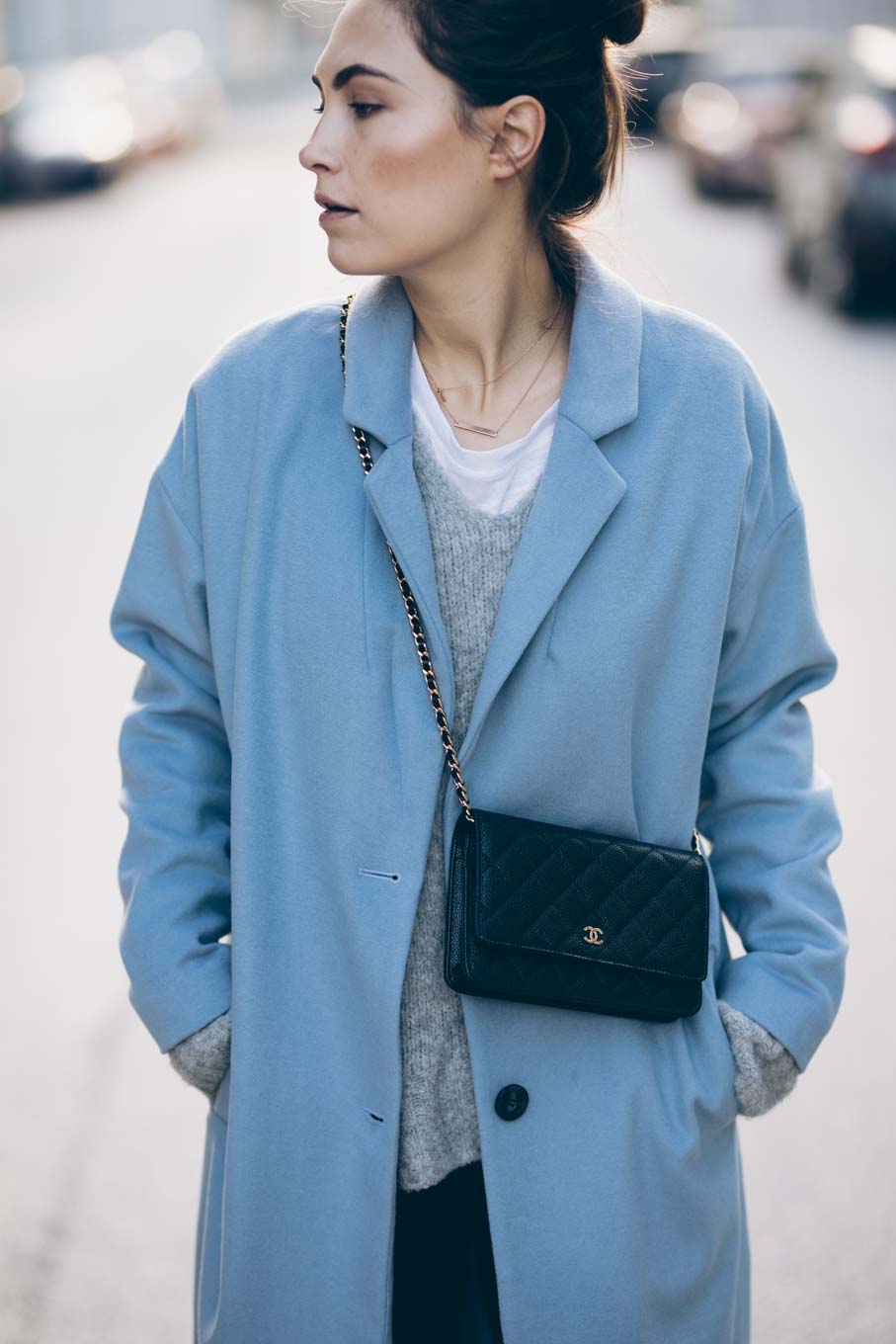 Outfit: Baby Blue | Chanel WOC, Jake*s Coat Peek & Cloppenburg, Zara Biker Boots, Closed Velvet Pants | you rock my life