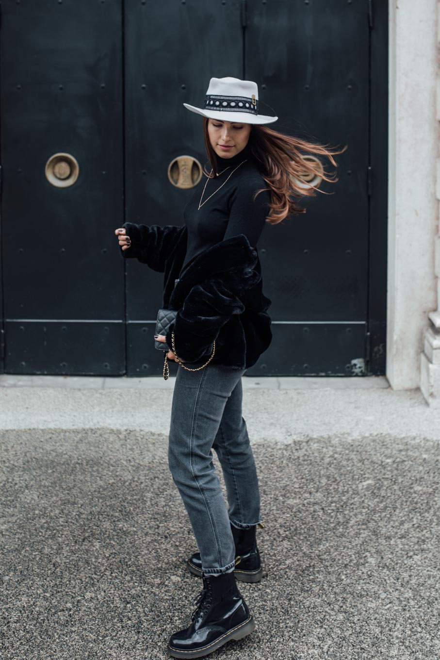 Outfit: Must Have Of The Season: Black Turtleneck | Closes Pedal Pusher Jeans, Chanel Wallet On Chain WOC, Dr. Martens Boots, Nomade Moderne Hat, Leo Mathild Jewelry | you rock my life