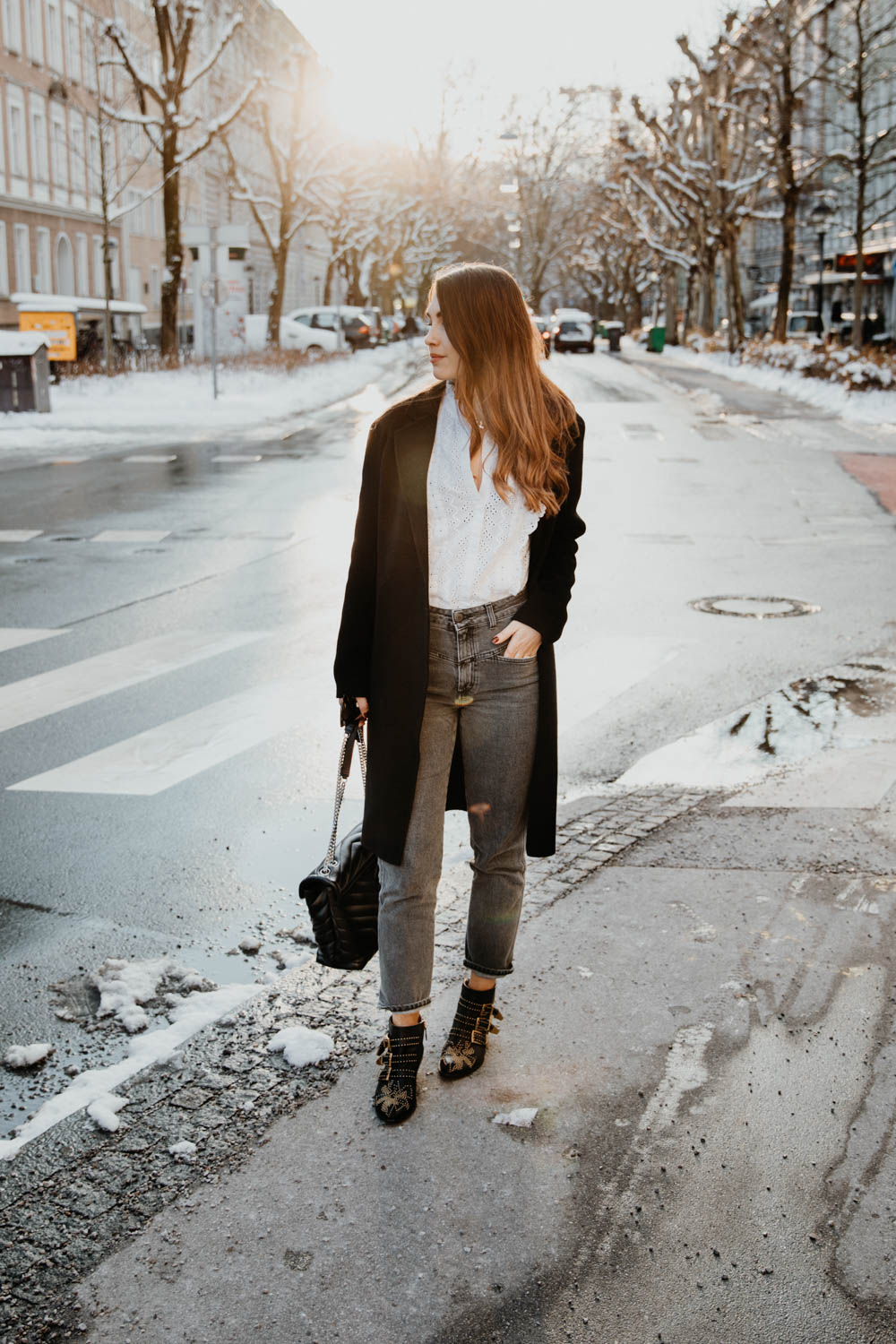 OUTFIT: Chloé Susanna Boots, Saint Laurent Lou Lou Bag, Closed Pedal Pusher  Jeans. Sandro Coat, Lent