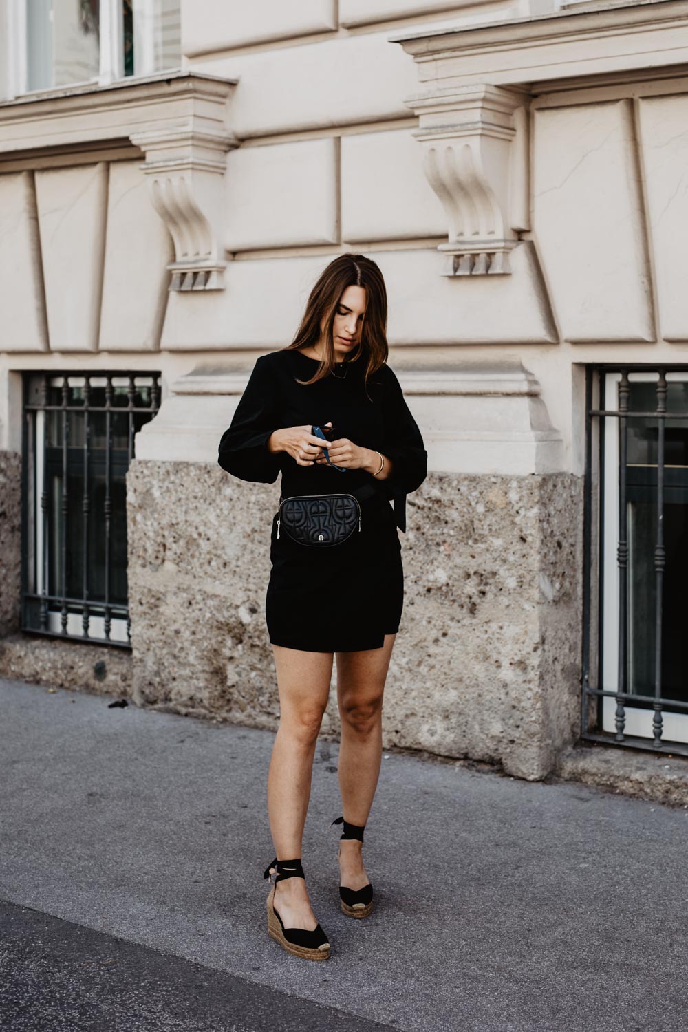 Outfit: The New Black | Aigner Diadora Belt Bag, Castaner Chiara Wedge Heels, Edited Dress, Céline Sunglasses | you rock my life