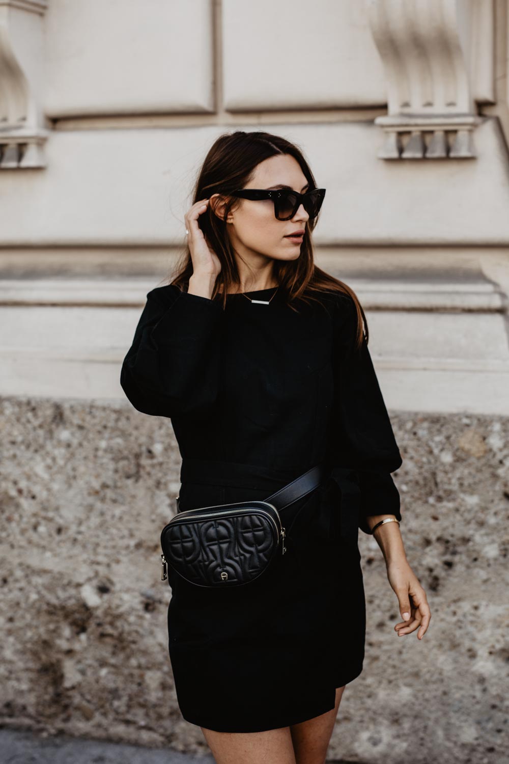 Outfit: The New Black | Aigner Diadora Belt Bag, Castaner Chiara Wedge Heels, Edited Dress, Céline Sunglasses | you rock my life