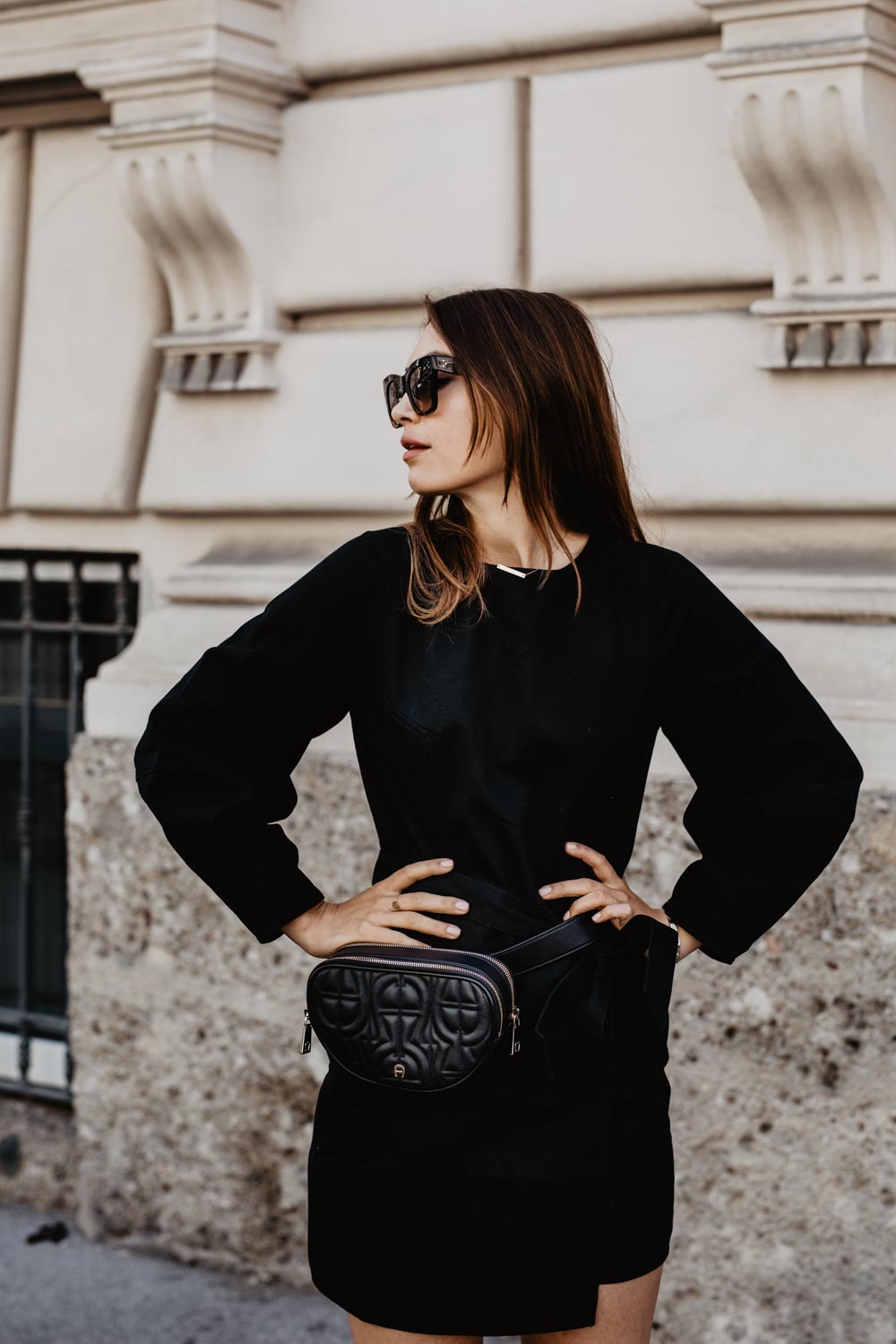 Outfit: The New Black | Aigner Diadora Belt Bag, Castaner Chiara Wedge Heels, Edited Dress, Céline Sunglasses | you rock my life