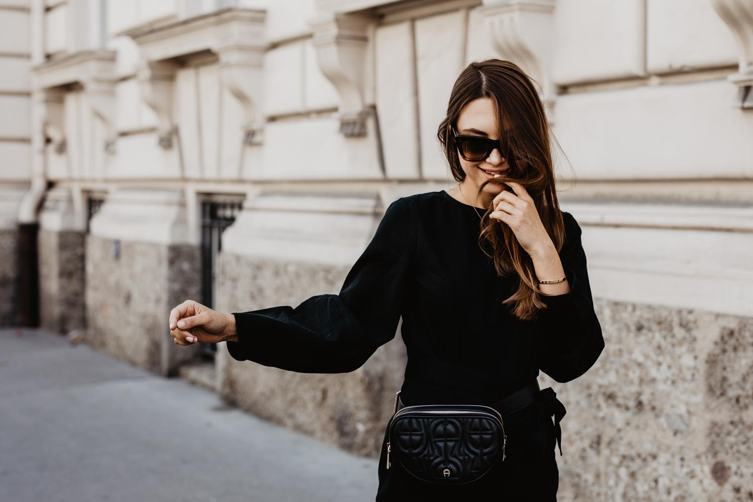 Outfit: The New Black | Aigner Diadora Belt Bag, Castaner Chiara Wedge Heels, Edited Dress, Céline Sunglasses | you rock my life