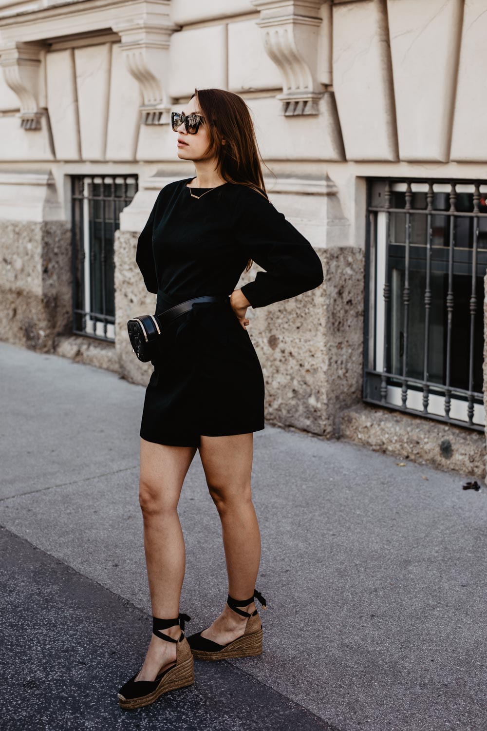 Outfit: The New Black | Aigner Diadora Belt Bag, Castaner Chiara Wedge Heels, Edited Dress, Céline Sunglasses | you rock my life