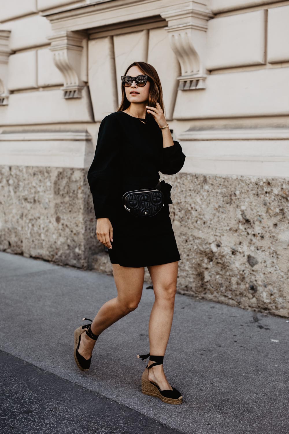 Outfit: The New Black | Aigner Diadora Belt Bag, Castaner Chiara Wedge Heels, Edited Dress, Céline Sunglasses | you rock my life