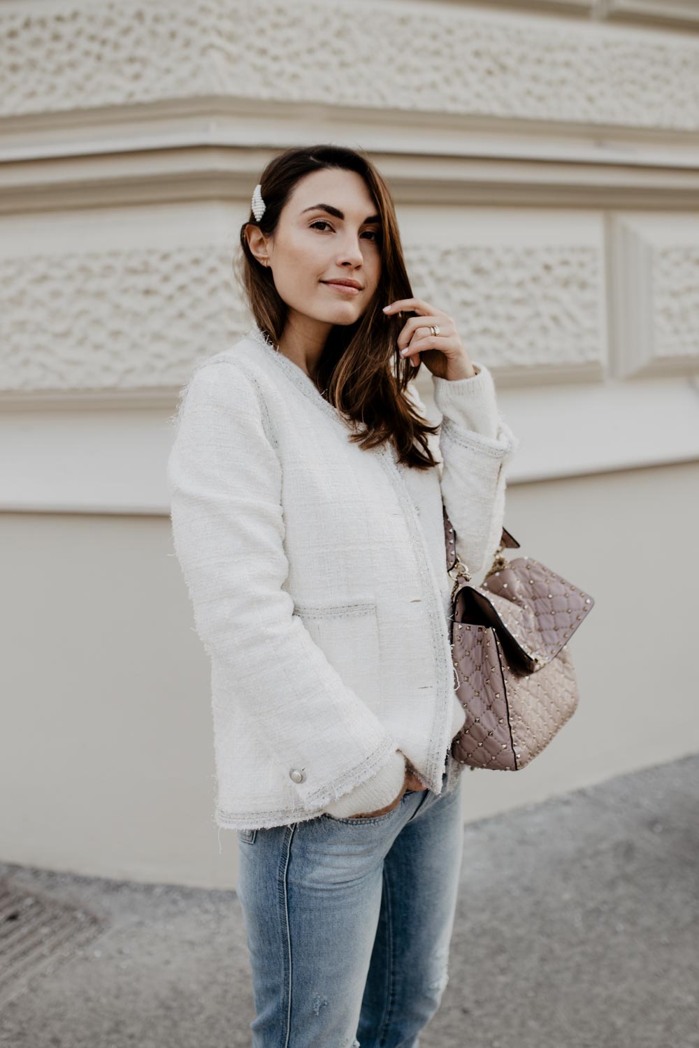 Outfit: Valentino Rockstud Spike Bag, Isabel Marant Nowles Boots, Closed Jeans, Tweed Blazer | you rock my life