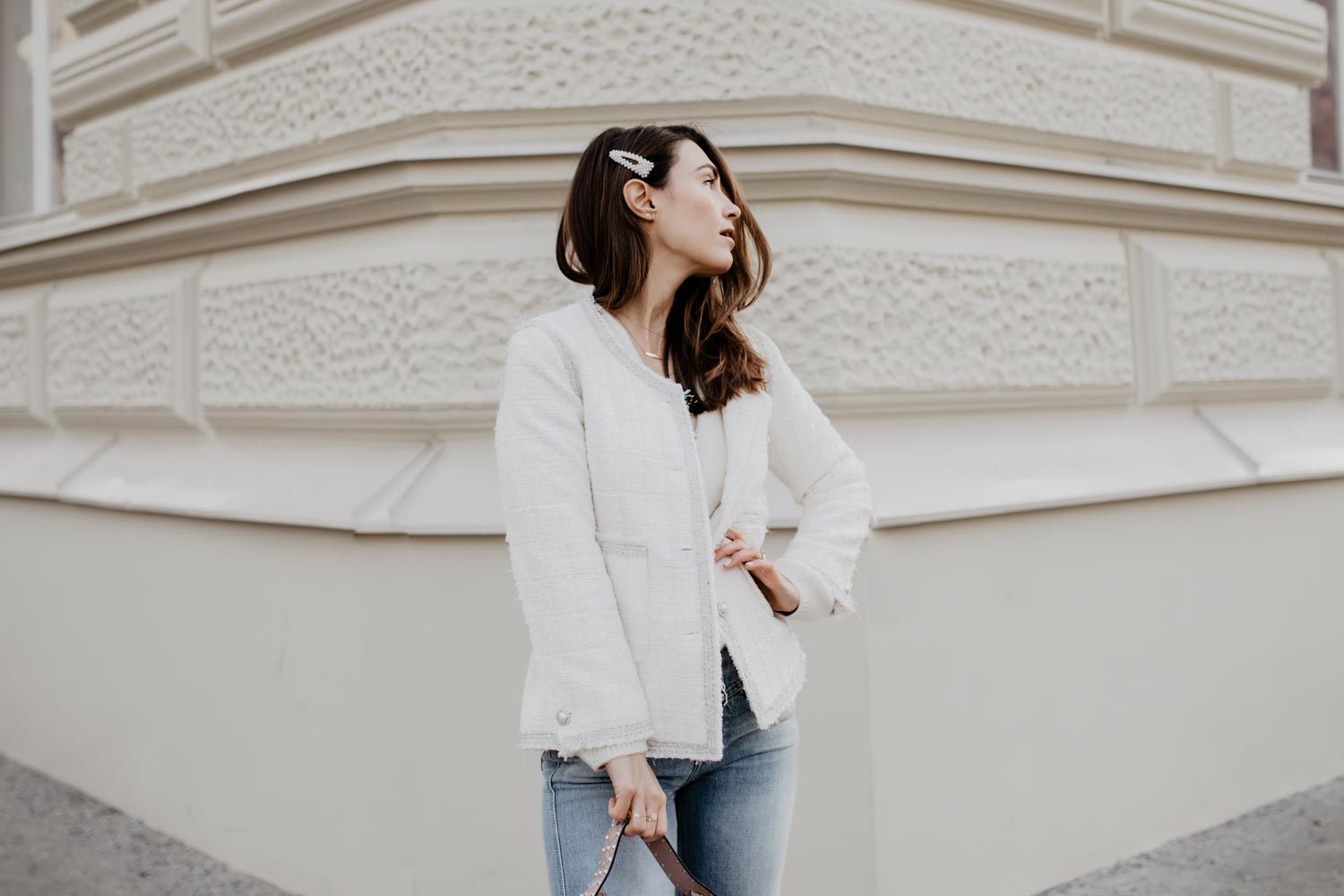 Outfit: Valentino Rockstud Spike Bag, Isabel Marant Nowles Boots, Closed Jeans, Tweed Blazer | you rock my life